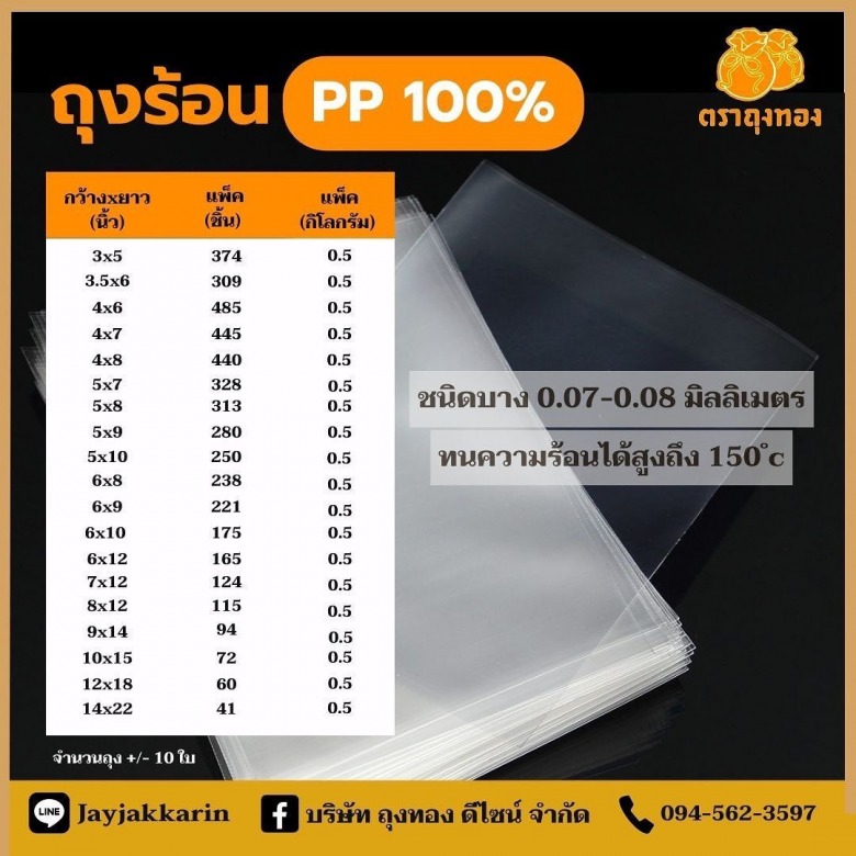 ขนาด ถุงร้อน PP ชนิดบาง